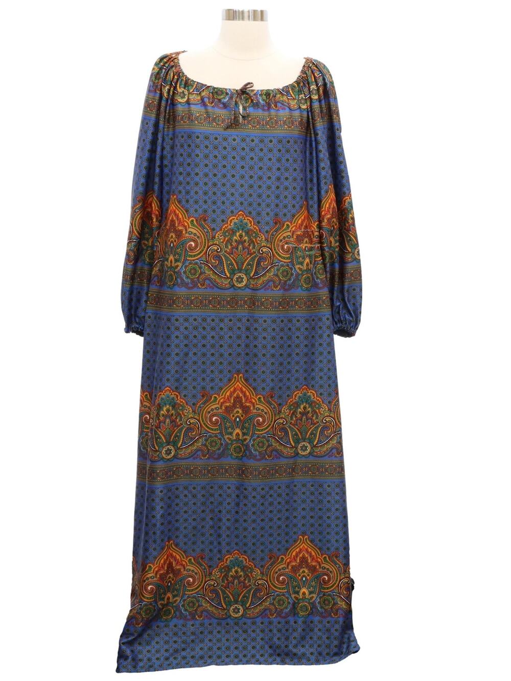 Vintage 1970s Navy Paisley Fleur de Lis Boho Maxi Lounge Dress Women's Medium